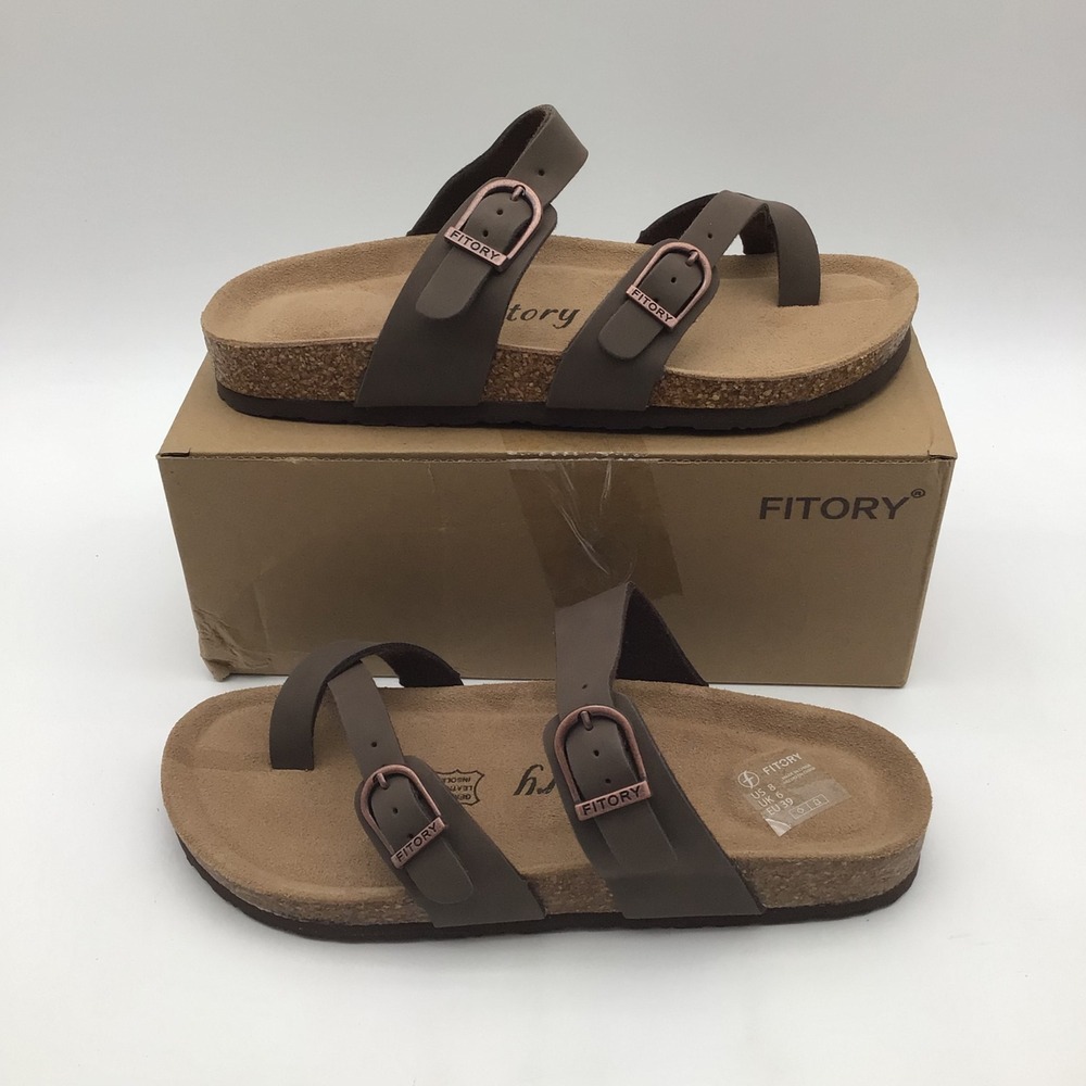 Fitory Womens Brown Cork Footbed Slide Sandals Toe Loop Buckle Size 8 NEW
